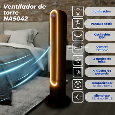 Ventilador De Torre Narvik Na5042 Con Control Remoto Y Luz Led, 42 Pulgadas (106.7 Cm), 4 Velocidades, Oscilación De 130°, Panel Touch Y Timer, Potente, Silencioso Y Elegante Para El Hogar