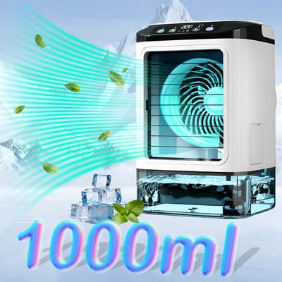 3-en-1 Mini Aire Acondicionado Portátil Con Tanque De 1000ml, 7 Colores Led, 3 Velocidades, Enfriador Climatizador Para Oficina, Casa, Coche, Con Diseño Blanco Elegante Y Portabilidad Facil Censtech