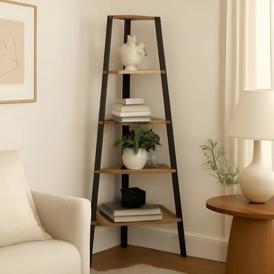 Librero Esquinero Moderno 5 Estantes Madera y Metal Café 37 cm Profundidad