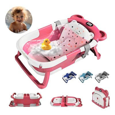 Bañera Tina Baño Bebe Plegable Portátil Con Cojín Termómetro Color Rosa Animales