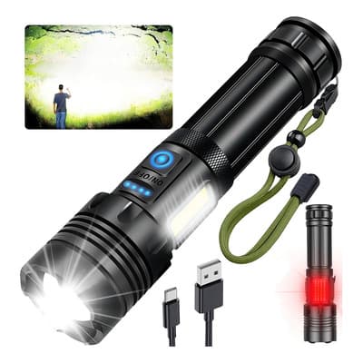 Linterna Táctica Recargable Wohingo lamparas recargables linterna LED 90,000lm Zoom 500m 7 Modos lampara camping led lampara de caza linternas led potentes recargables Luz lateral con LED COB