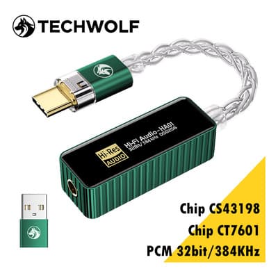 Convertidor De Audio Usb C A Jack 3.5mm Con Chip Cs43198 + Ct7601 32bit 384khz, Adaptador Audífonos Dac Usb C A Aux 3.5mm, Adaptador Audio Techwolf Usb-a Y Type C A 3.5mm Color Verde