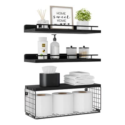 Banna Repisas Flotantes Madera Negra Con Cesta Almacenamiento 40x15 Cm Negro