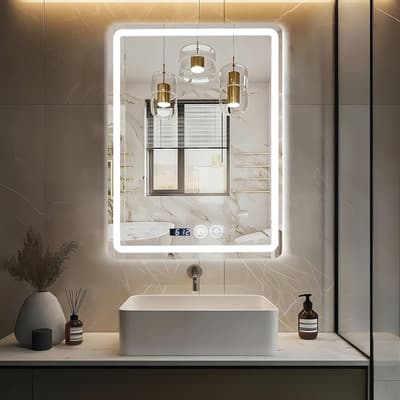 Espejo LED Baño Inteligente touch 70x50cm Cuadrado， Antivaho 3 Tonos Táctil，con Reloj mostrar，Espejo de Pared Moderno para Decoración， Resistente a la Humedad，baño de Sala de estar del dormitorio