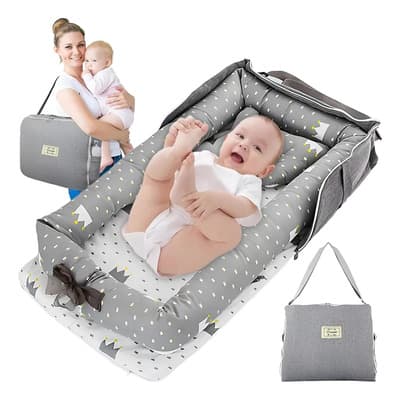 Nido Cuna Plegable Hibobi Algodón Portátil Para Bebé Gris 0-24 Meses Corona