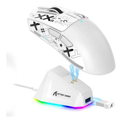 Attack Shark X11 Mouse Gamer Inalambrico Recargable, 22000DPI Raton Gamer Con Base De Carga Magnética RGB, PAW3311 Sensor Óptico, Botones Programables, 2.4 Ghz/bluetooth/USB, Regalar Pegatinas, Blanco