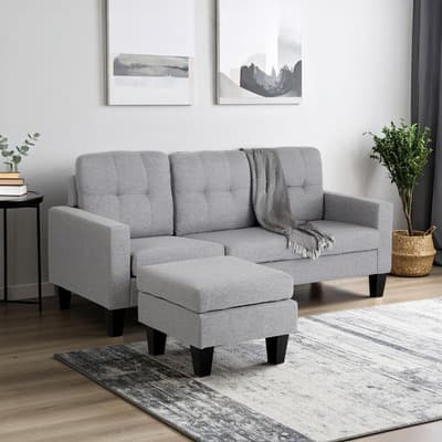 Sala Esquinera en L Kingshouse con Taburete y Diseño Reversible de Madera de Alta Calidad y Durabilidad, Moderna Ideal para Espacios Pequeños, Tapizado tipo Lino y Cojines Removibles