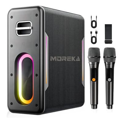 Altavoz Moreka A29 80W Bluetooth Karaoke 2 Micrófonos Luces LED Negro