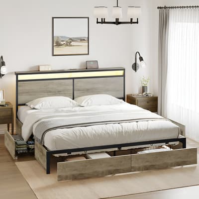 Base Cama King Size Cabecera Puertos Usb Luces Led Y Cajones Color Gris