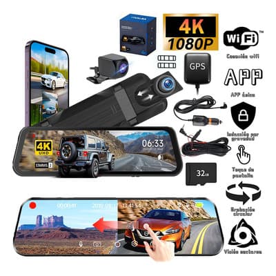 Espejo Retrovisor 10" con Doble Cámara 4K y 1080p para Auto con GPS y WiFi