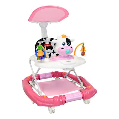 Andadera Para Bebé Mecedora Vaca Con Sonido Bastón Y Toldo Rosa Joykoo
