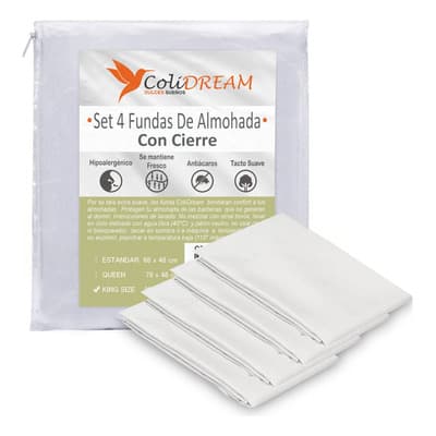 Set Paquete 4 Fundas Almohada King Size Hoteleras Con Cierre Color Blanco Liso
