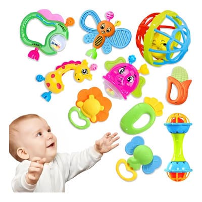 DOUAD 10 Piezas Sonajeros y Mordedores para Bebé Juguetes de Estimulación Temprana Material Seguro y Colorido Fáciles de Agarrar Desarrollo Sensorial Motriz Regalo Ideal Recién Nacido
