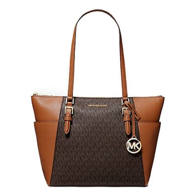 Bolsa Michael Kors Charlotte Large Logo and Leather Top-Zip Tote Bag Brown