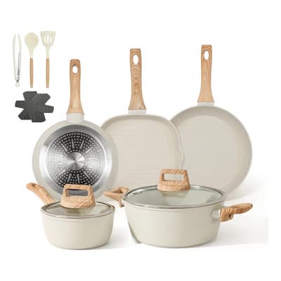 GMISUN Batería De Cocina Juego De Sartenes 14 Piezas De Utensilios Antiadherentes Ollas Y Sartenes Medical Stone Compatible Con Inducción Gas Blanco