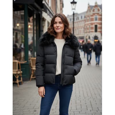 Chamarra Dkny Mujer Puffer Polar Acolchada Cuello Removible