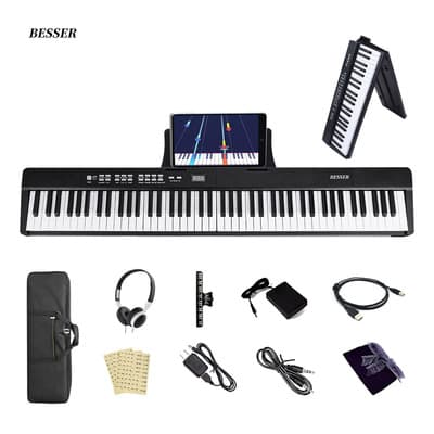 Teclado Piano 88 Teclas Besser Plegable Con Bocinas, Bluetooth, Midi, Batería Recargable, Sensibilidad, Semi... Negro