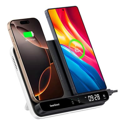 SwanScout 504 - Doble Cargador Inalámbrico para 2 Teléfonos, compatible con iPhone 17 Pro Max/17 Pro/17/Air/16-12, Samsung S25/S24-21, Pixel 9/8, Xiaomi, Huawei, Honor, Moto, Realme