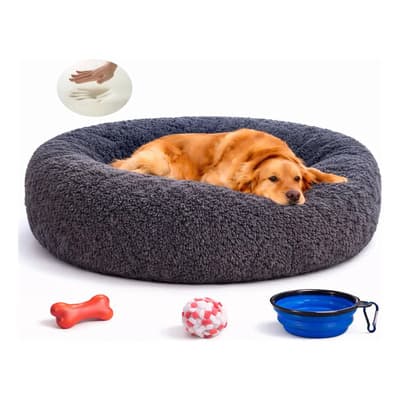Combo Cama Para Perro Memory Foam Premium, Antiestrés, Ortopedica, Antideslizante, Felpa Suave, 100 Cm Hanesher Gris Redonda Ideal Para Mascotas Con Dolor Articular