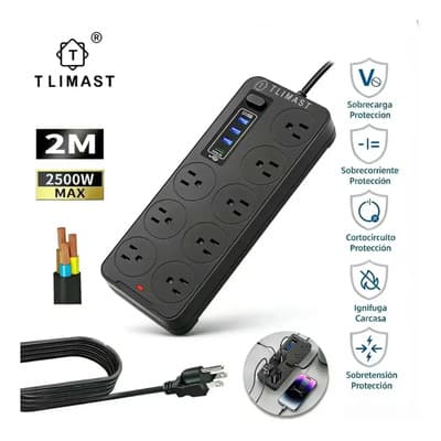 Tlimast 2 Metros Multicontactos Usb 2500w Con 8 Salidas+3 Usb+1 Tipo C 10a 110v-220v Cable De Cobre Para Electrica Extension Uso Rudo Resistente Al Fuego Protección Contra Sobrecargas Color Negro - $98.98 en Mercado Libre | PrecioMX