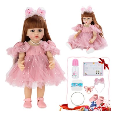 55cm Bebé Reborn Muñeca Silicona De Cuerpo Completo Juguete, Bebé Realista Juguetes Regalo Sorpresa Con Completo Accesorios, La Niña Lleva Un Vestido Rosa