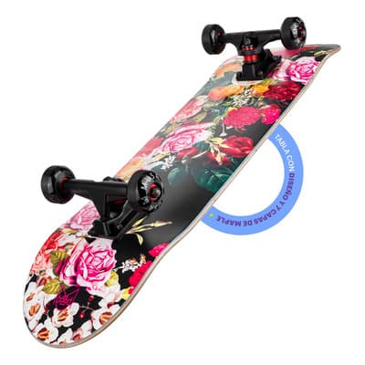 Patineta Musa Rosas Profesional | Diseño Inspirado En El Arte Floral | Maple Canadiense 7 Capas | Skateboard Completo Abec-7 | Ruedas Negras | Lija Negra Y Trucks De Aluminio | Ideal para Trucos