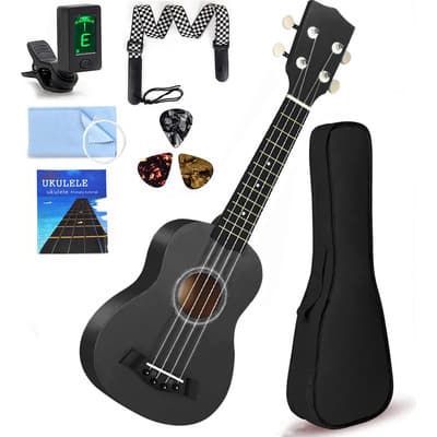 Kit Hombys Ukuleles Soprano Acústico 21 Pulgadas Afinador Madera Color Negro
