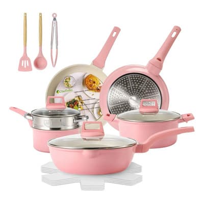 16 Piezas Batería de Cocina antiadherente ceramica juego de ollas y sartenes Sin PFOA Aluminio Reforzado Compatible con Inducción ROSA
