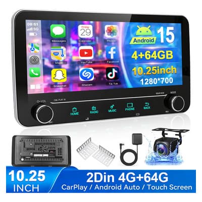 Auto Estereo Hivoz 10.25in Android15 4+64gb Gps Wifi 2din Inalámbrico Carplay Android Auto Pantalla Táctil Ips Hd Fm Negro Autoestéreo Para Carro Con Ahd Cámara Eq Bt Aux Usb 1280a Dsp