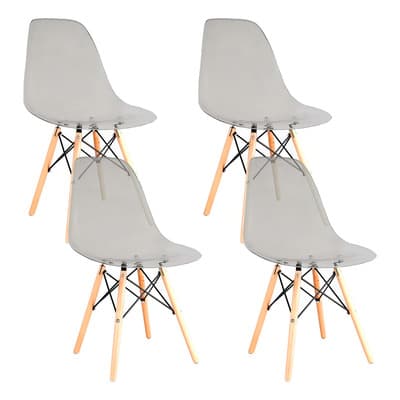 Set 4 Sillas Eames Transparente Kitul Estructura Hierro Asiento Negro Patas Madera Haya