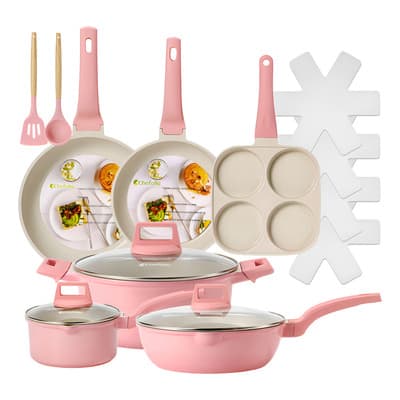 Bateria de Cocina Antiadherente Aluminio juego de ceramica 15 Piezas ollas y sartenes de teflon para induccion o gas Alta Calidad rosa
