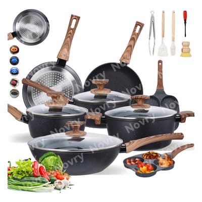 Novry® Juego De Ollas Y Sartenes Battery Juego De 15 Piezas De Ollas Y Sartenes De Granito Antiadherentes Para Uso Doméstico Incluyendo Sartenes Para Freír Y Ollas Para Cocinar Al Horno Color Negro