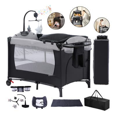 Cuna Corral Plegable Viajero Bebé 5 En 1 Cambiador Exterior Color Negro Diseño De La Tela Gray, Corralitos Multifunción Portátil, Corral de juegos