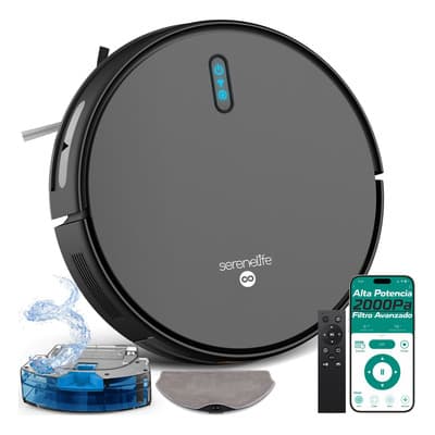 Robot Aspiradora y Trapeador Inteligente SereneLife, Control por App, Sensores Anticaída, Autocargable, 4 Modos de Limpieza, Succión de 3000Pa, Ideal para Pelo de Mascotas, Alfombras y Pisos Duros