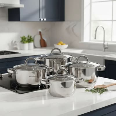 Juego de 4 Cacerolas con Tapa Royal Haus RH-3030 - Acero Inoxidable, Color Plateado