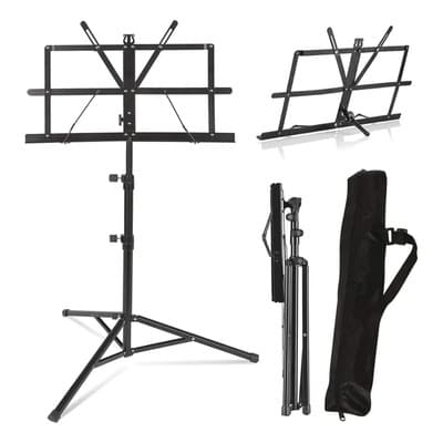 Vakrny Atril Para Partituras Plegable, Altura Ajustable 65-140cm Con Base Metálica Antideslizante E Incluye Funda De Transporte - Soporte Profesional Para Músicos, Estudiantes, Iglesias Y Coros