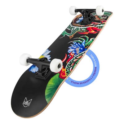 Patineta Profesional Musa Dragón Ruedas Blancas | Skateboard Completo Maple Canadiense 7 Capas | 33x8 Trucks De Aluminio Lija Negra Incluida | Rodamientos Abec-7 | Ideal Para Trucos Y Skatepark
