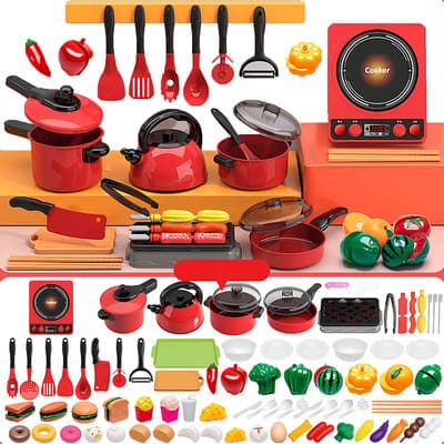 Juguetes Cocina Infantil Linremi 82 Piezas Utensilios Rojo Para Niños