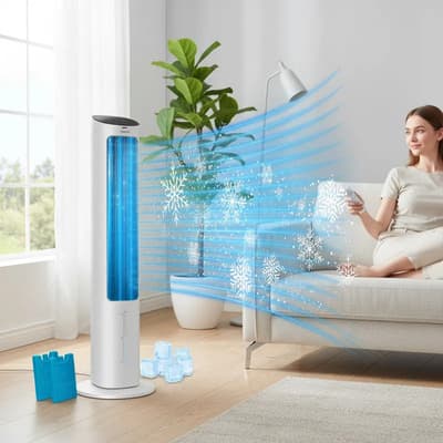 Ventilador de Torre, Humidificador y Enfriador 3 en 1 con Control Remoto 1Mt Alto Navia EN4T Panel Touch Contenedor 4L Silencioso Blanco