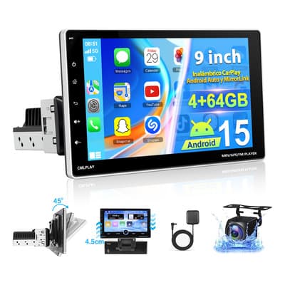 Autoestéreo Hivoz 9 Android15 4+64gb Gps Wifi Rotación Manual 45° Inalámbrico Carplay Android Auto Pantalla Táctil Ips Hd Fm Negro Auto Estereo Para Carro Con Ahd Cámara Eq Bt Aux Usb