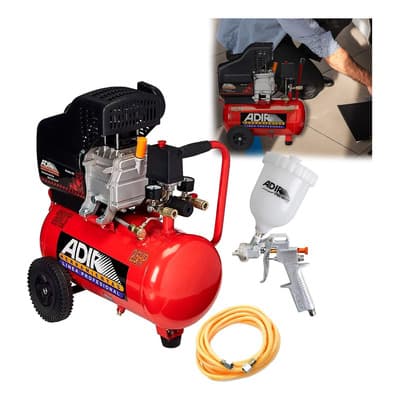 kit compresor y pistola de gravedad con manguera de aire portátil ruedas Adir 2030KG 25L 2.5hp dos salidas de aire manómetro doble presión máxima 135psi caudal 5.89 cfm