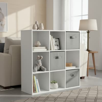 Mueble Librero Organizador 9 Modulos 5 Cubos Tela Incluidos Color Blanco / Gris
