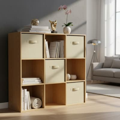 Mueble Librero Organizador 9 Modulos 5 Cubos Tela Incluidos Color Madera / Beige