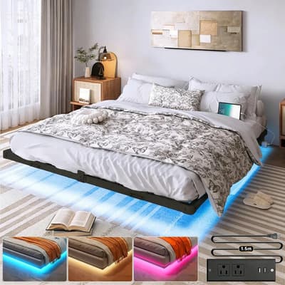 Base Cama King Size Flotante, Colchón Base Con Luces Led Rgb Ajustables, Regleta De Enchufes Con Usb, Plataforma Metálica Con Listones De Acero Resistentes Y 9 Puntos De Soporte Sofnobol