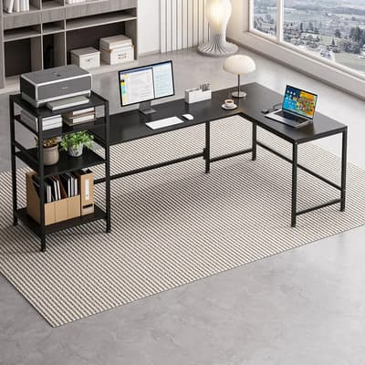 Escritorio L De Lujo Ideal Para Oficina Y Home Office-extra Grande 245 Cm-estación De Trabajo Con Repisas,fabricado En Acero Estructural Escritorio Negro,robusto Y Rígido Escritorio Para Computadora