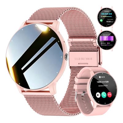 Reloj Inteligente Mujer Hombre Deportivo 1.39 Llamada Bluetooth Relojes Asistente Voz Notificación De Mensajes Reloj Frequency Cardiaca Sueño Smartwatch 2 Correas Milanés Rosa