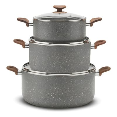 Juego De 3 Ollas Stone 360° Lamex De 24-28-34 Cm Y 3.2 Mm Color Gris | Juego de Ollas Antiadherentes | Batería - Utensilios de Cocina | Capacidad de 4.5 - 8 - 12.5 litros Resistentes